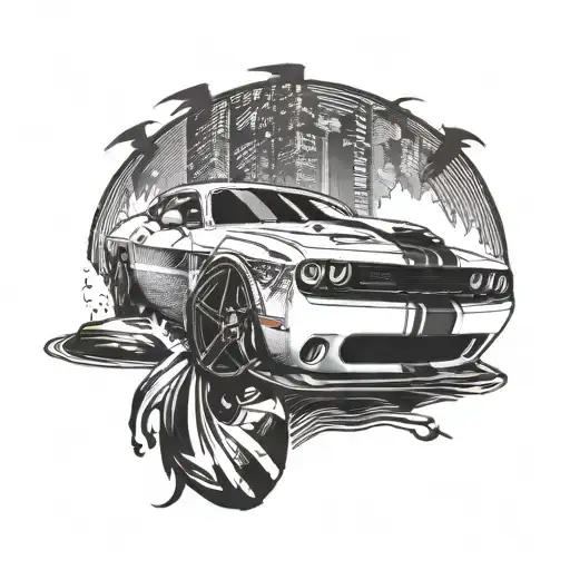 Illustrate a scene of a Dodge Challenger Hellcat leaving tire marks on the streets of Los Angeles as it drifts around a corner, in a blackwork style tattoo design idea