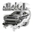 Combine the image of a Dodge Challenger Hellcat with a drifting motion, set against the iconic Los Angeles skyline tattoo design idea
