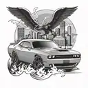 Combine the image of a Dodge Challenger Hellcat with a drifting motion, set against the iconic Los Angeles skyline tattoo design idea