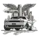 Combine the image of a Dodge Challenger Hellcat with a drifting motion, set against the iconic Los Angeles skyline tattoo design idea