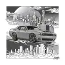 Combine the image of a Dodge Challenger Hellcat with a drifting motion, set against the iconic Los Angeles skyline tattoo design idea