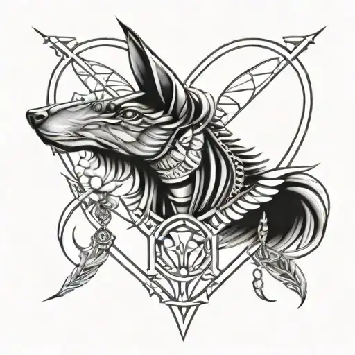 front Anubis hold libra feather heart tattoo design idea