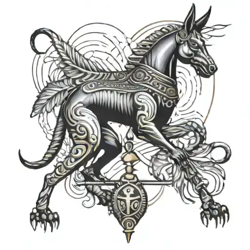 Anubis strong stand hold  libra feather heart tattoo design idea