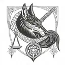 front Anubis hold libra feather heart tattoo design idea