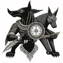 Anubis holds a libra with a feather and a heart on it tattoo design idea