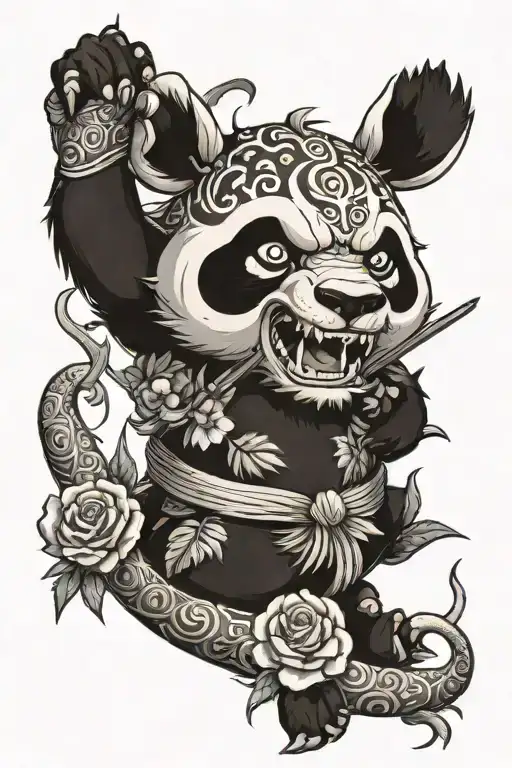 a oni panda with a dead dragon around his neck a bambo stick and black rosas.  tattoo design idea
