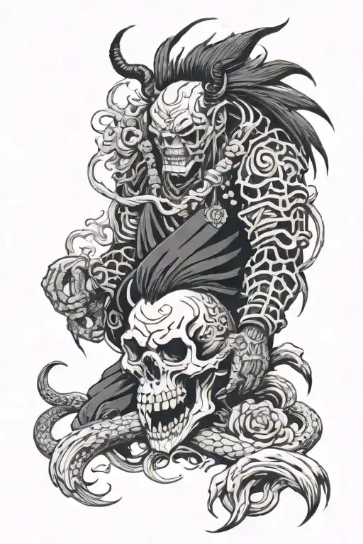A oni with a shinigami a raven skulls black and white snakes and a black carb and a bear tattoo design idea