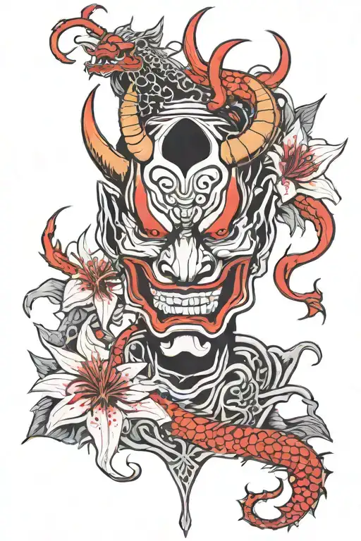 A hannya oni whith a black and white dragon red spider lily tattoo design idea