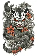 A hannya oni whith a black and white dragon red spider lilys a red carp and a panda  tattoo design idea