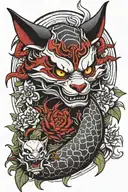 A hannya oni whith a black and white dragon red spider lilys a red carp and a panda  tattoo design idea