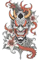 A hannya oni whith a black and white dragon red spider lily tattoo design idea