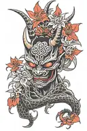 A hannya oni whith a black and white dragon red spider lily tattoo design idea