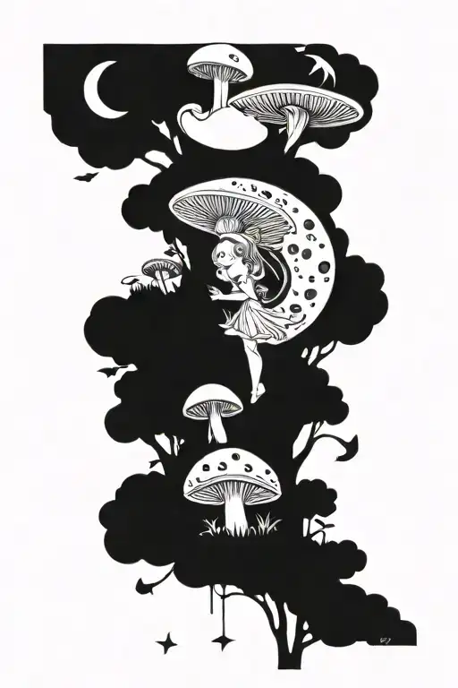 fairy and moon and mushroom tattoo design idea
