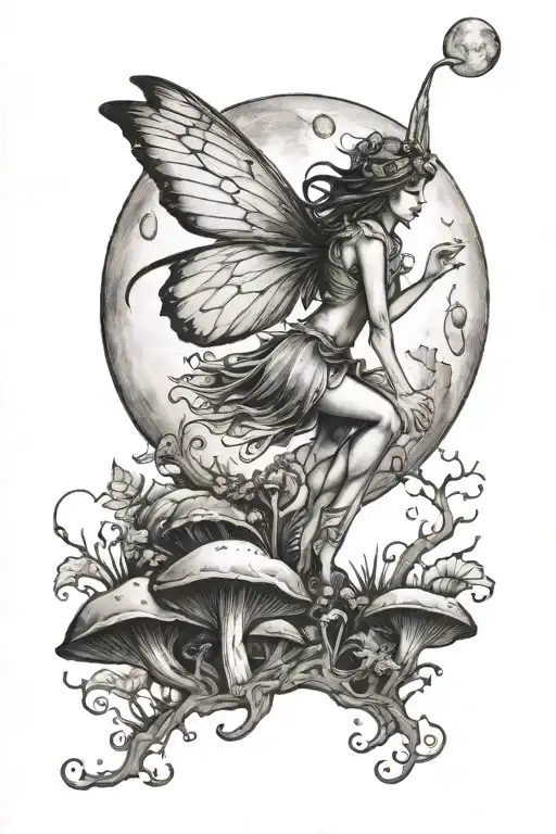fairy flying in front of moon on mushroom tattoo design idea