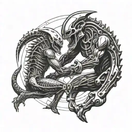 A futuristic battle scene between a Predator and an alien Xenomorph tattoo design idea