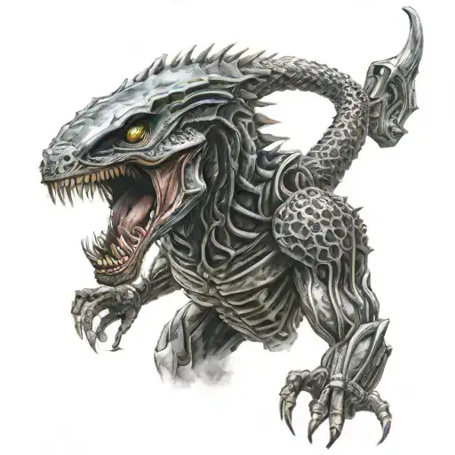 A realistic portrait of a Predator hunting down an alien Xenomorph tattoo design idea