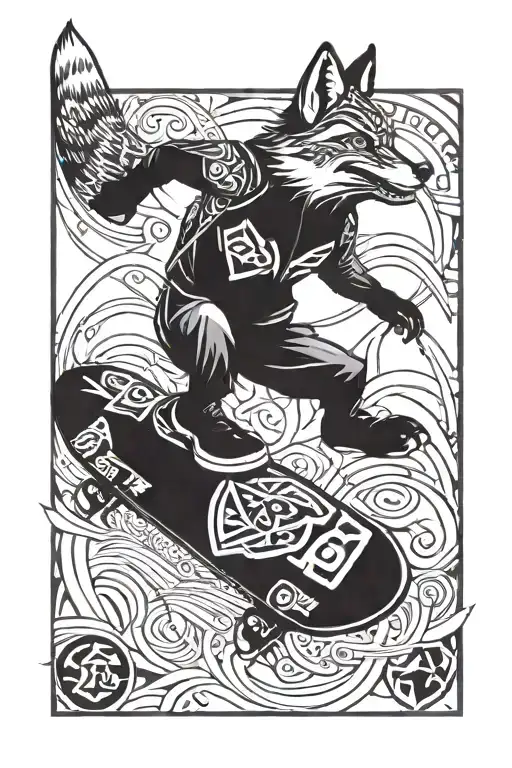 fox riding a snowboard, looking evil tattoo design idea