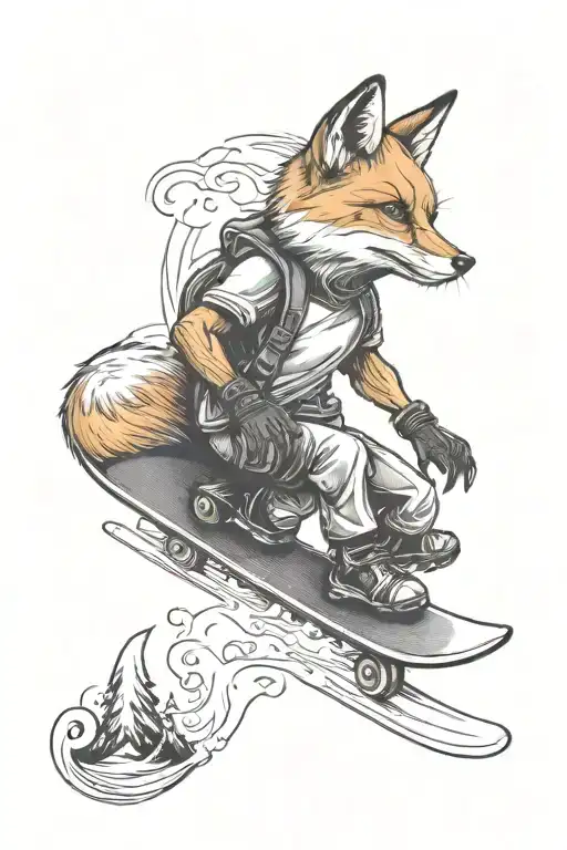 fox riding a snowboard, looking evil  tattoo design idea