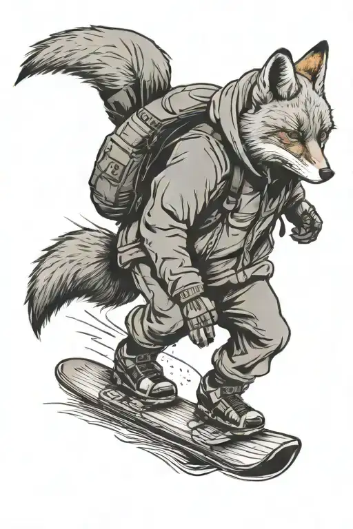 fox riding a snowboard with a hoodie on head walking back tattoo design idea