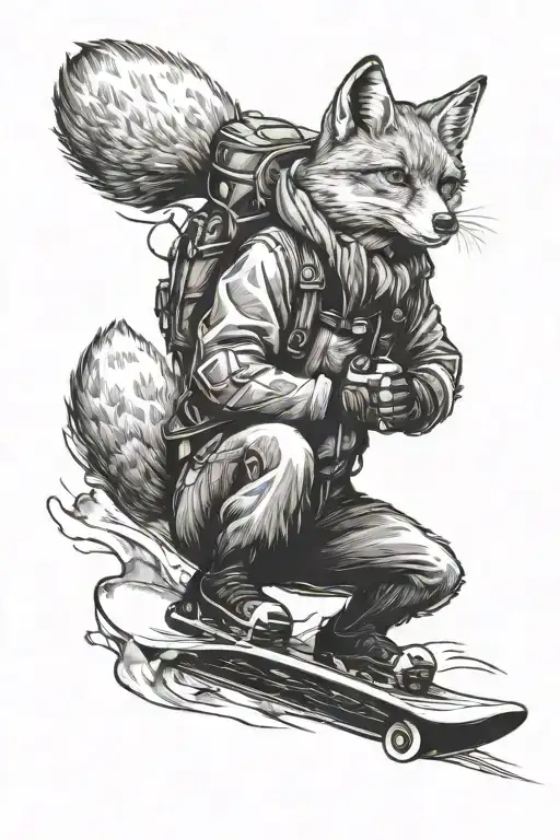 fox riding a snowboard, looking evil tattoo design idea
