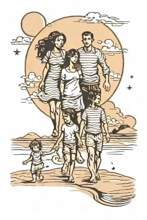 shape of husband and wife holding hands and walking on the beach with their two children. The moon in full and the view  tattoo design idea