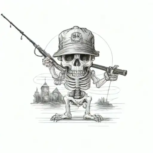 skeleton holding a fishing rod and and beer in wearing ball cap  tattoo design idea