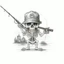 skeleton holding a fishing rod and and beer in wearing ball cap  tattoo design idea