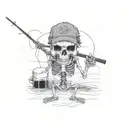 skeleton holding a fishing rod and and beer in wearing ball cap  tattoo design idea