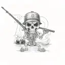 skeleton holding a fishing rod and and beer in wearing ball cap  tattoo design idea