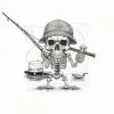 skeleton holding a fishing rod and and beer in wearing ball cap  tattoo design idea