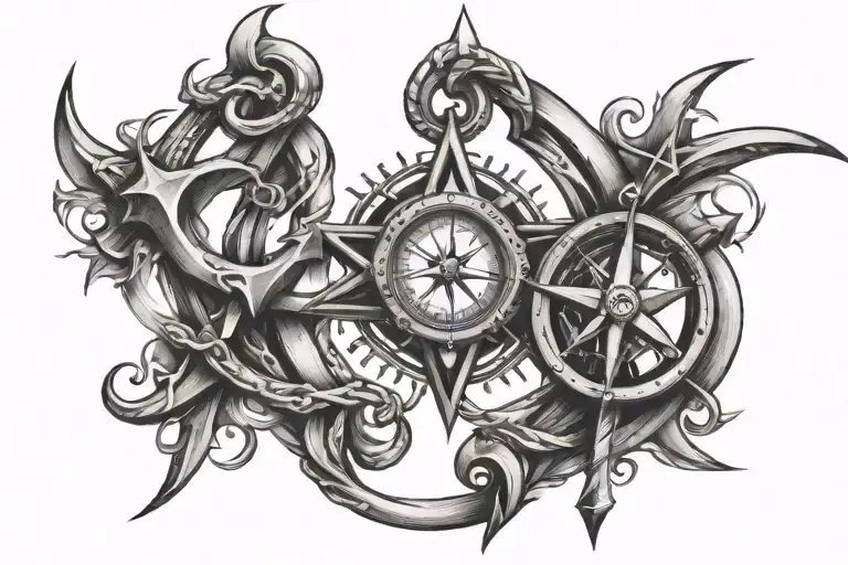 Infinity symbol with compass and Anchor in each side tattoo design idea
