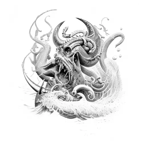 An epic battle between Poseidon and a sea monster tattoo design idea