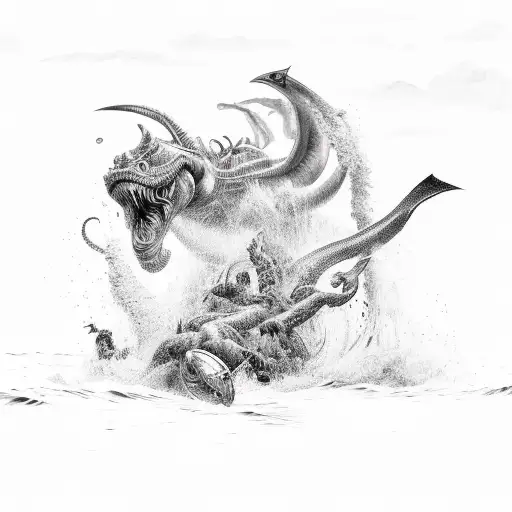 An epic battle between Poseidon and a sea monster tattoo design idea