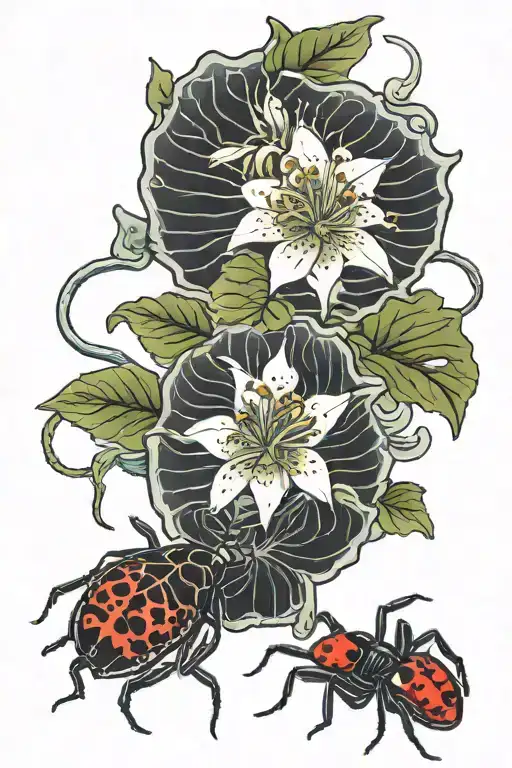 lily pads and a black widow spider crawling tattoo design idea