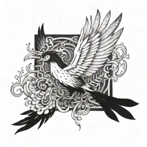 A black and white phoenix rising from the ashes with intricate dotwork details tattoo design idea