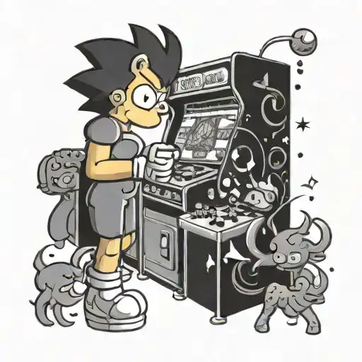 bart simpson playing arcade machine with grey shadow chun li vs leona heidern fighting tattoo design idea