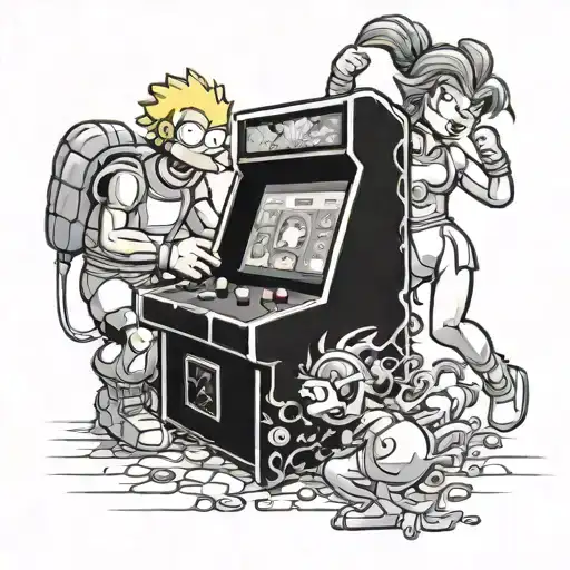 bart simpson playing arcade machine with grey shadow chun li vs leona heidern fighting tattoo design idea