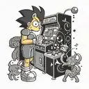 bart simpson playing arcade machine with grey shadow chun li vs leona heidern fighting tattoo design idea