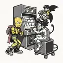 bart simpson playing arcade machine with grey shadow chun li vs leona heidern fighting tattoo design idea