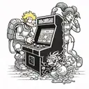 bart simpson playing arcade machine with grey shadow chun li vs leona heidern fighting tattoo design idea