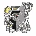 bart simpson playing arcade machine with grey shadow chun li vs leona heidern fighting tattoo design idea