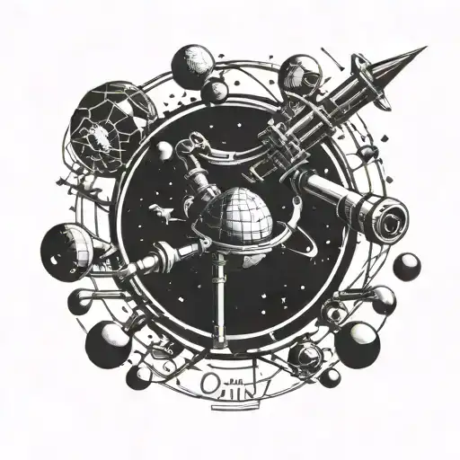 Planets orbiting around a microscope with 'only advance' written in binary code tattoo design idea