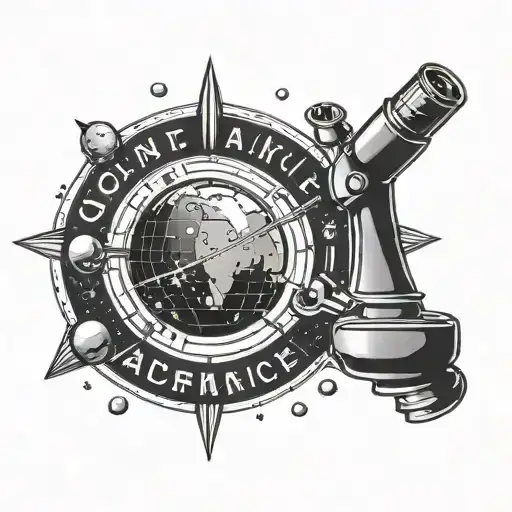 Planets orbiting around a microscope with 'only advance' written in binary code tattoo design idea