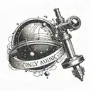 Planets orbiting around a microscope with 'only advance' written in binary code tattoo design idea