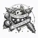 Planets orbiting around a microscope with 'only advance' written in binary code tattoo design idea