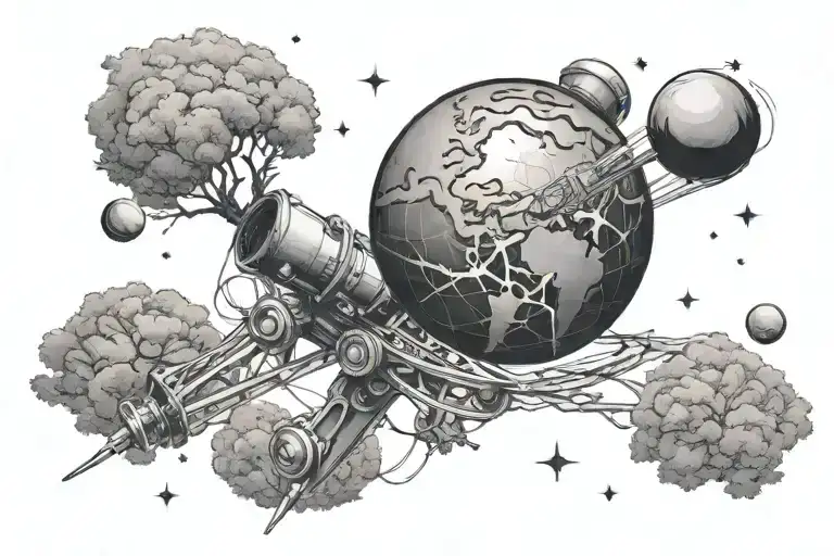 Planet with a tree and telescope in space, with the earth in the background tattoo design idea