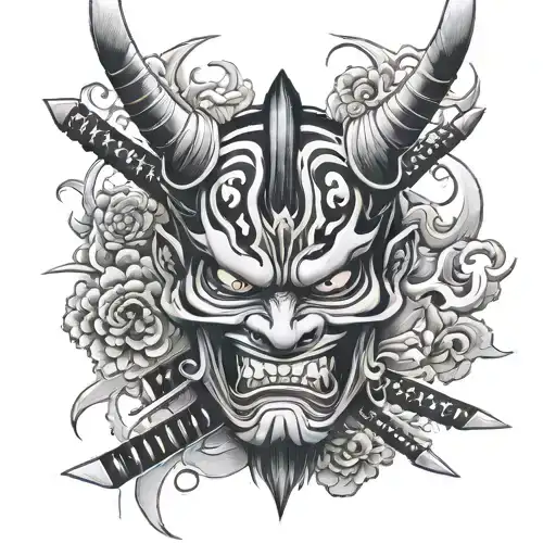 Oni Mask, Double Katana, Japanese Motifs,Shading and Details tattoo design idea