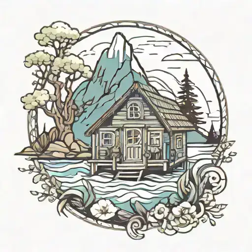 fjord river ocean hut tattoo design idea