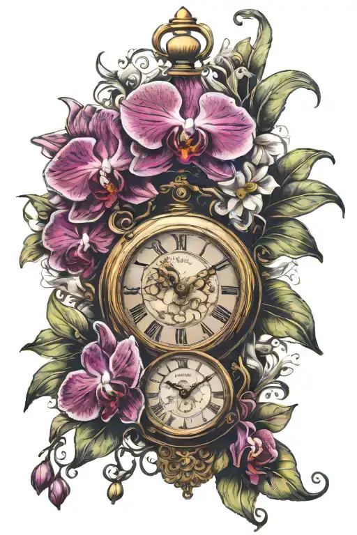 cataleya orchids and pocket clock tattoo design idea