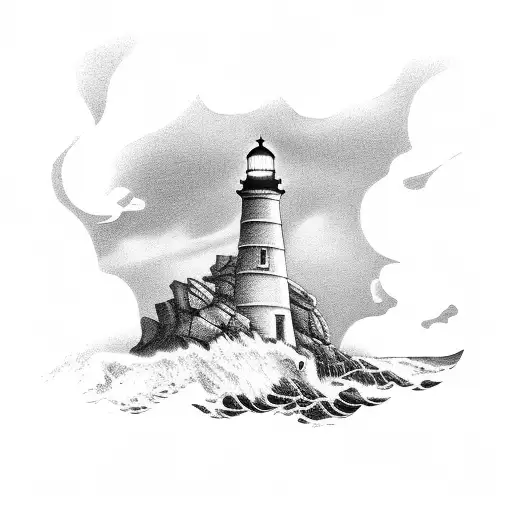 lighthouse on rocks with stormy sea tattoo design idea